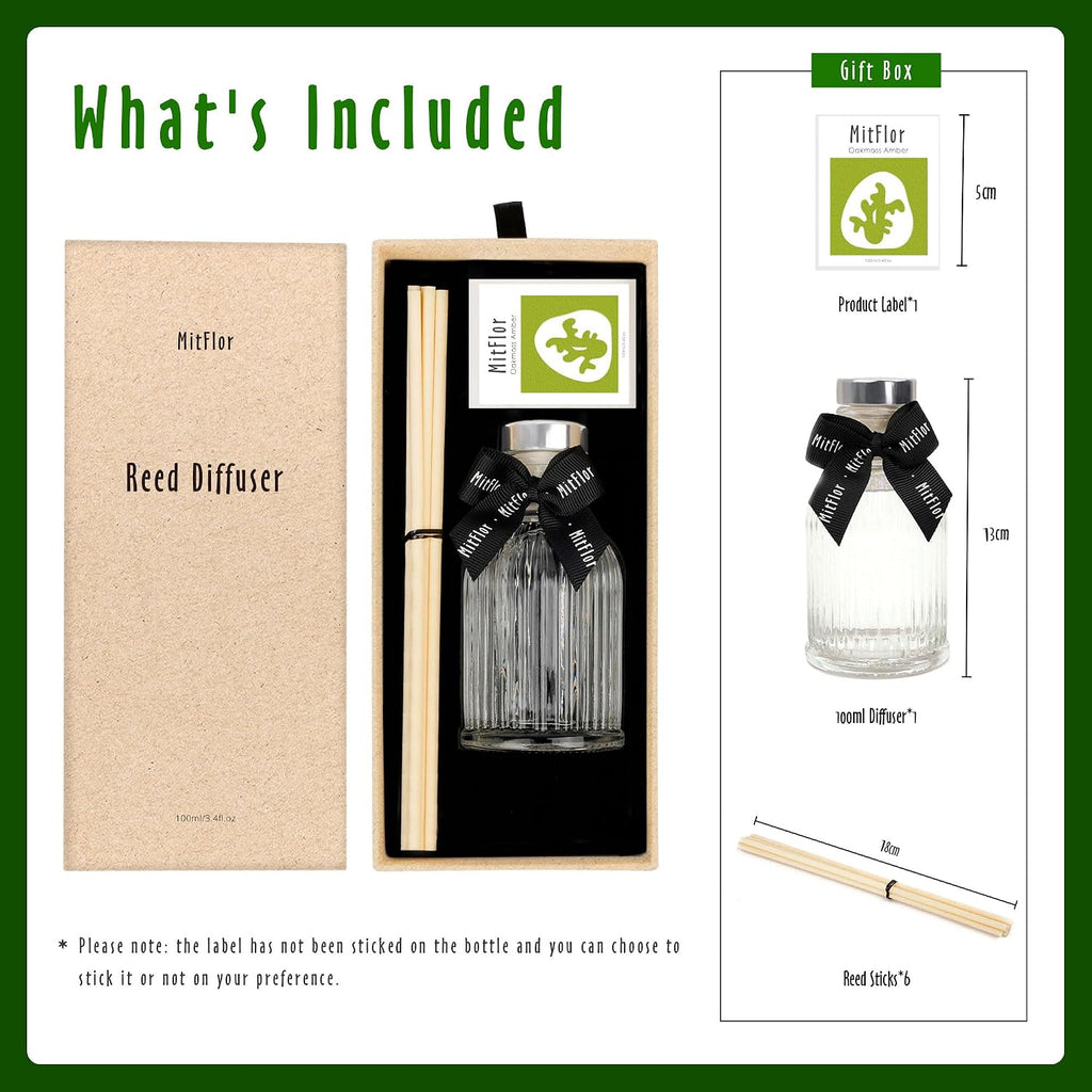 Reed Diffuser, MitFlor Oakmoss Amber Fragrance Diffuser Set, Room Freshener with Natural Rattan Sticks, Fresh Scent Oil Diffuser for Bedroom, Bathroom, and Home Décor, 3.4 fl oz