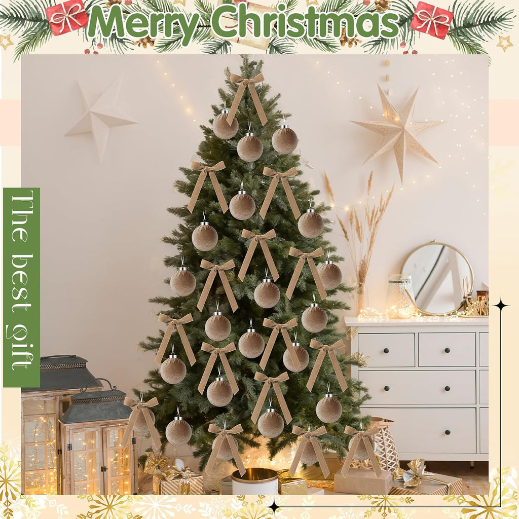 Wettarn 30 Sets Velvet Christmas Ornaments Balls & Bows, Khaki
