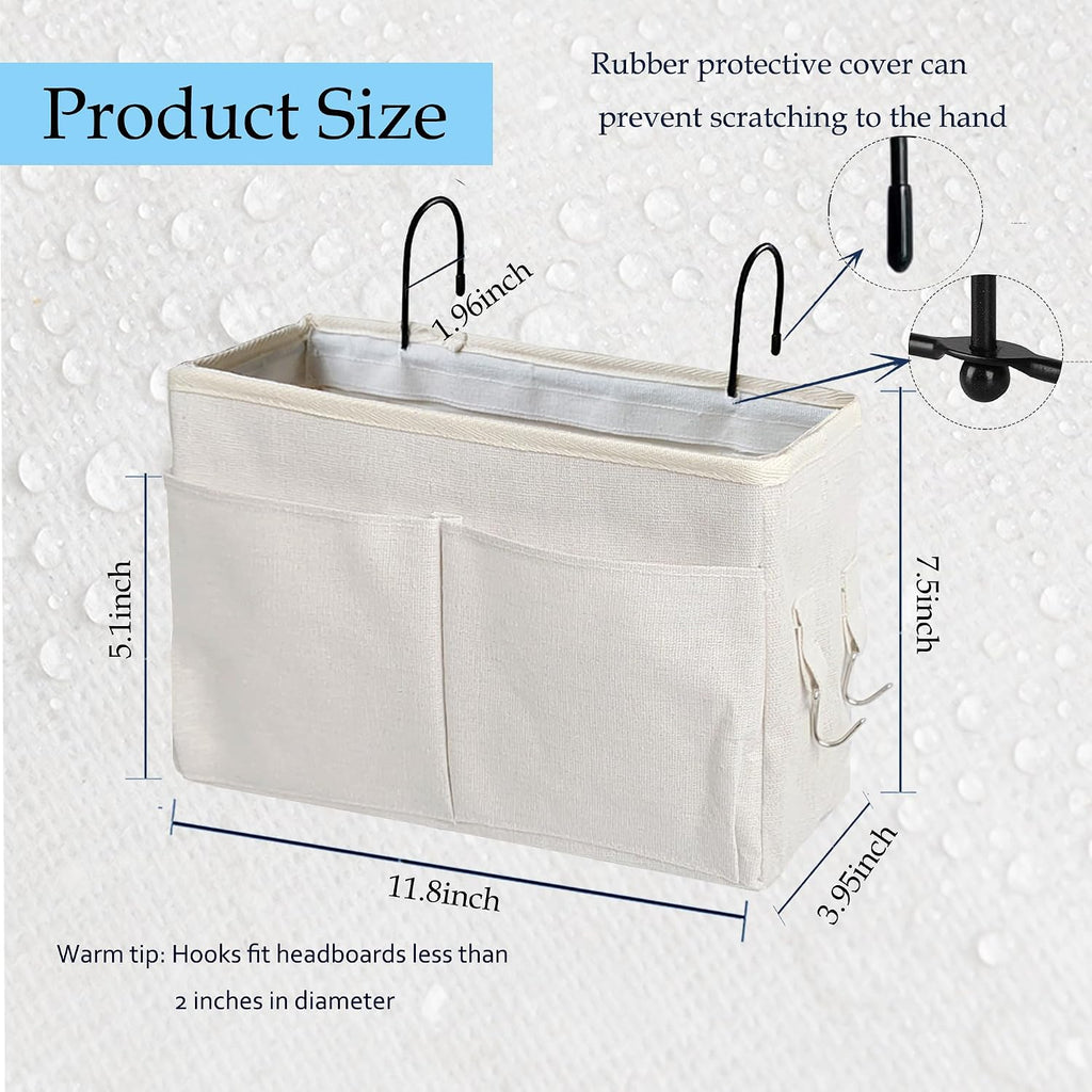 Bedside Caddy Organizer - Bedside Hanging Storage Bag with Hooks, Dorm Essentials Caddy for Bunk Bed & Dorm Bed Rails, Holds Books, Phones, Tablets, Glasses, Magazines & More (White)