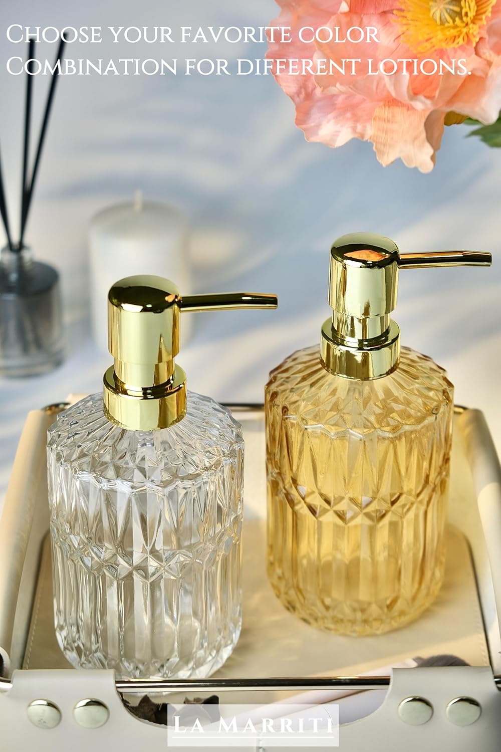 LaMarriti Glass Soap Dispenser with Rust Proof Pump, 13.5 Oz Clear Refillable Hand Lotion Dispenser for Bathroom Countertop and Kitchen, Crystal Vintage Bathroom Accessories, Bathroom Decor