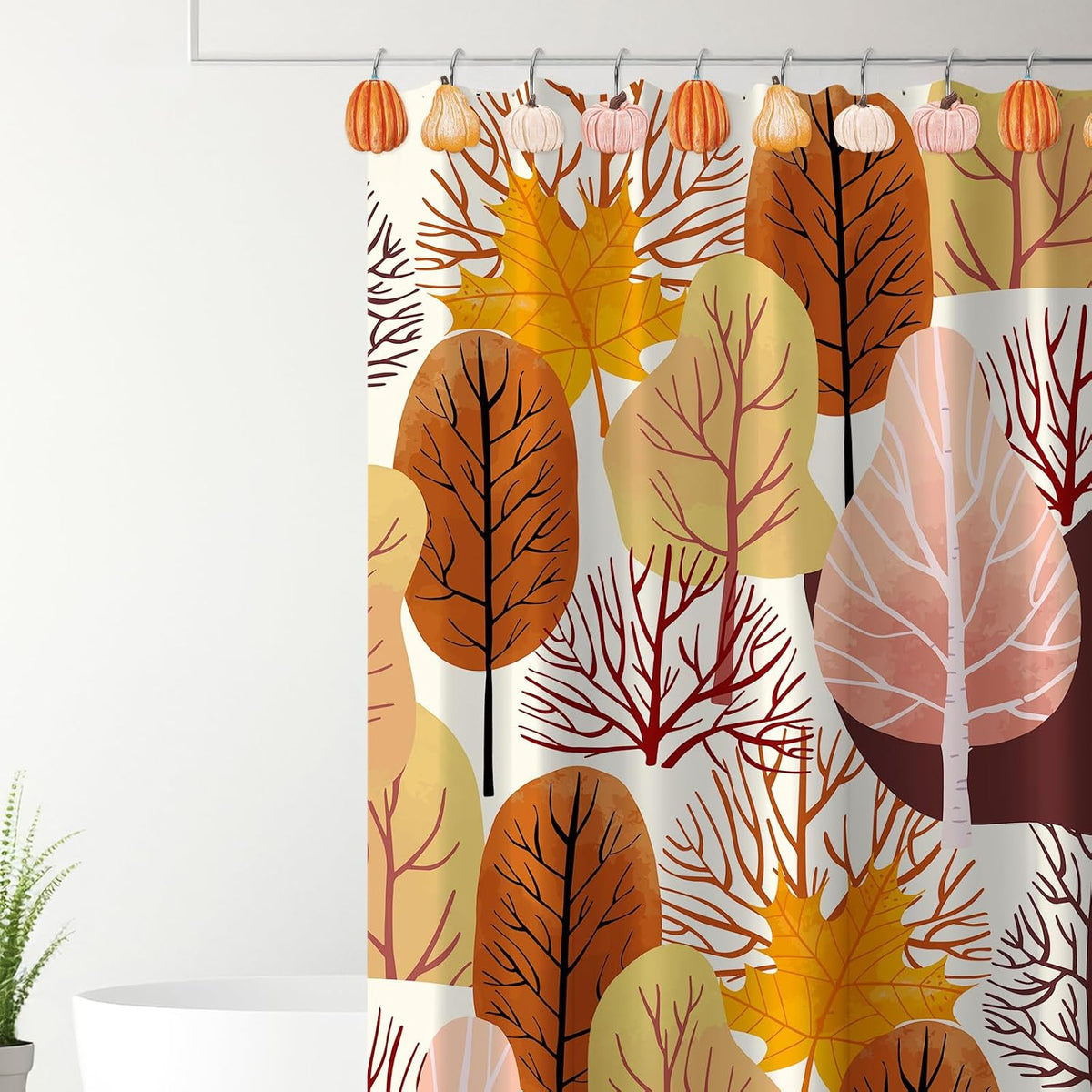 JarThenaAMCS 12 Pcs Fall Shower Curtain Hooks 4 Designs Pumpkin Curtain Rings Autumn Thanksgiving Decorative Hanger Hooks for Bedroom Bathroom Decor