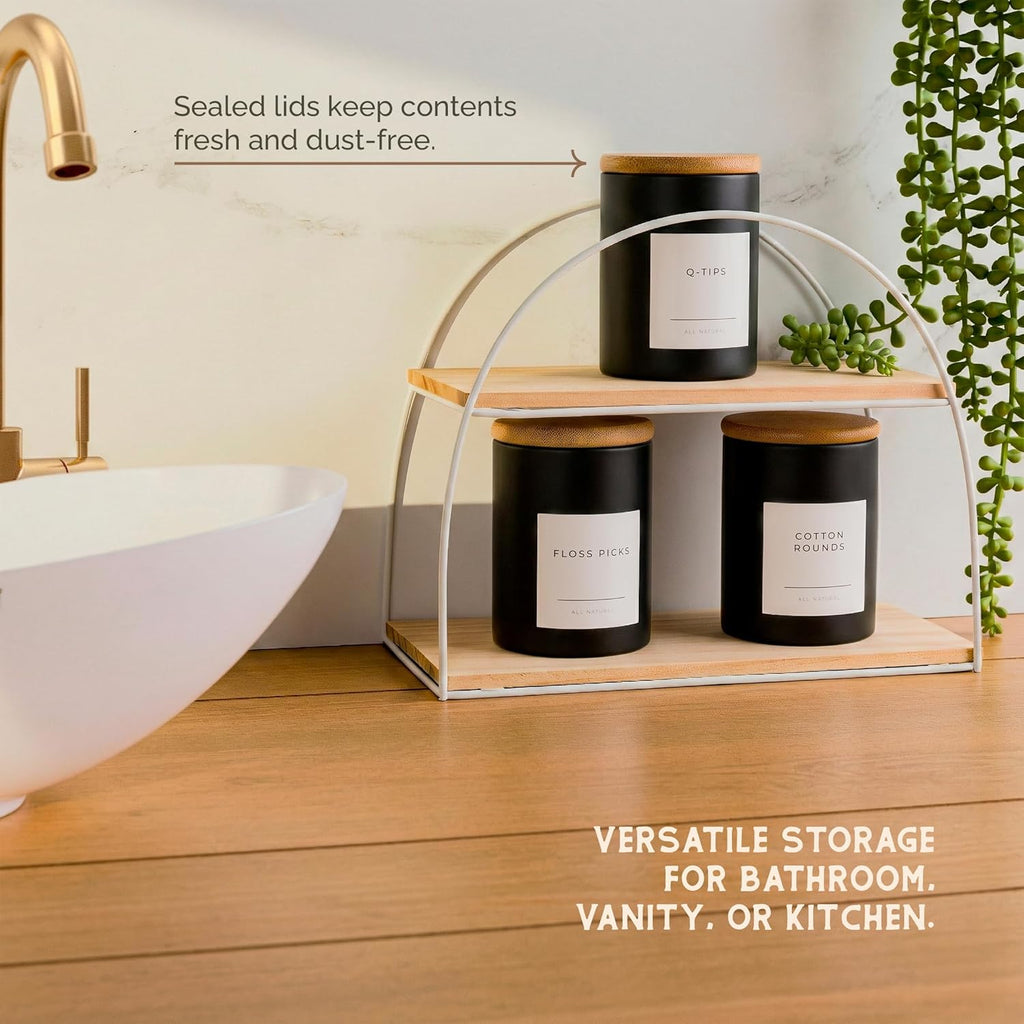 Vase and Vessel Mini Glass Apothecary Jars with Bamboo Lids, Small Bathroom and Kitchen Storage Containers, For Cotton Balls, Pads and Swabs, 10 oz, Set of 3 (Matte Black)