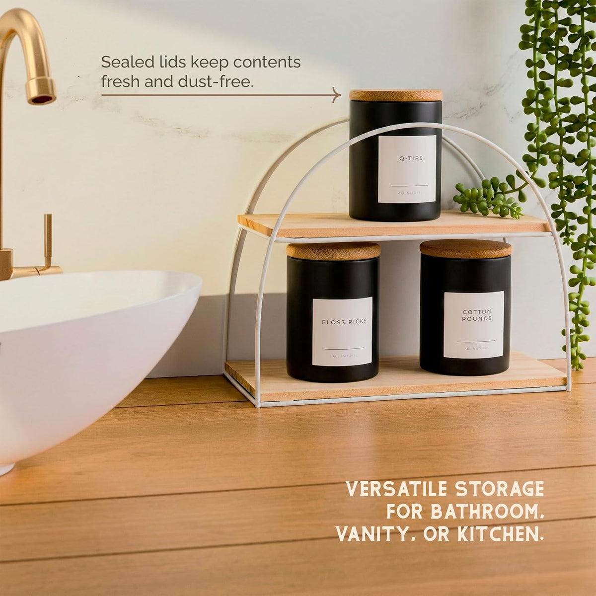 Vase and Vessel Mini Glass Apothecary Jars with Bamboo Lids, Small Bathroom and Kitchen Storage Containers, For Cotton Balls, Pads and Swabs, 10 oz, Set of 3 (Matte Black)