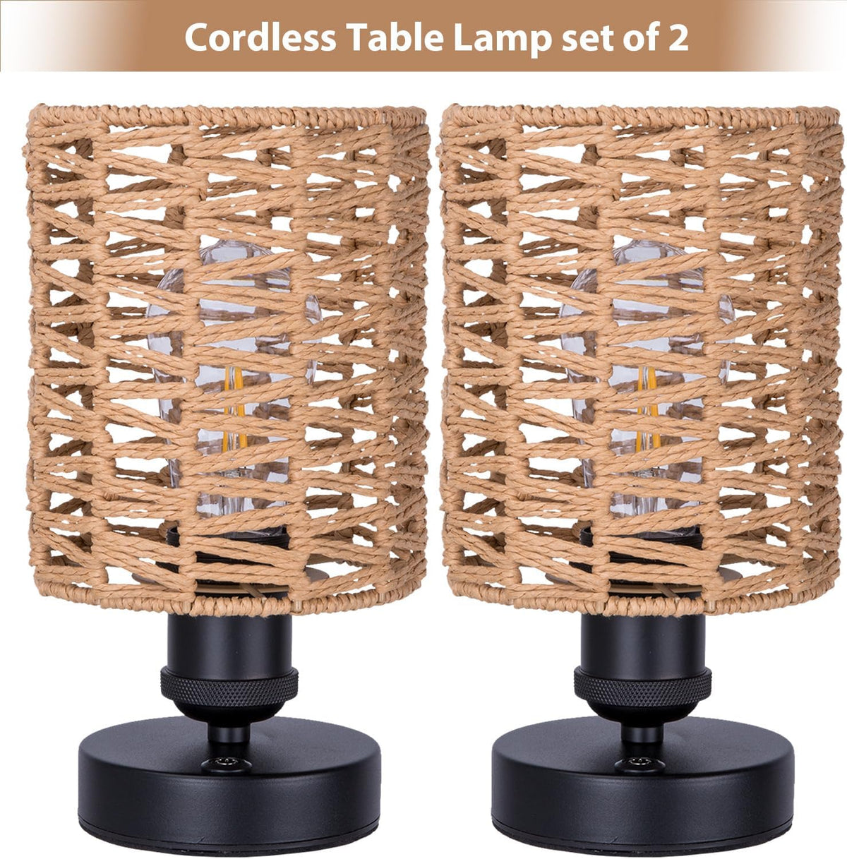 Cordless Outdoor Table Lamps, Small Rattan Boho, Rechargeable Battery Operated for Outdoor Patio, Home, Living Room, Bedroom, Bedside - Set of 2 (Beige-B)