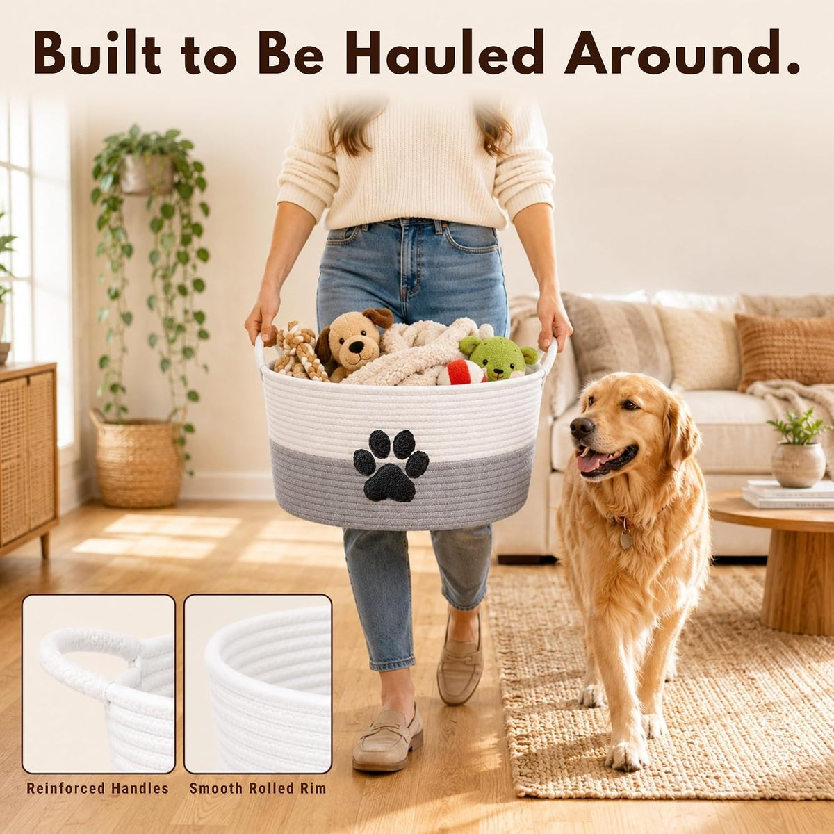 Dog Toy Basket with Handles, Grey Cotton Rope Storage Bin Organizer