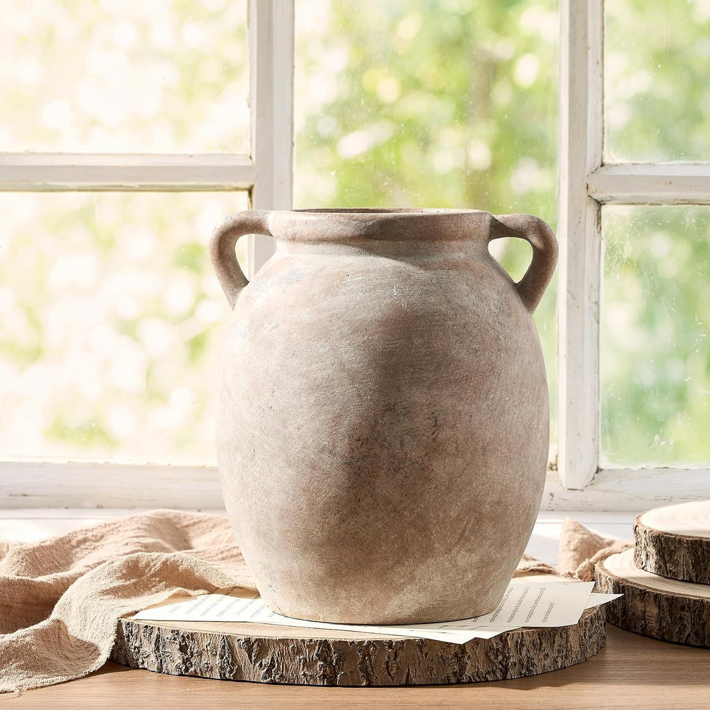 Dobbyby Ceramic Flower Vase 7.6 inch Farmhouse Rustic Vase Decorative Pottery Terracotta Vases for Home Decor Table Mantle Fireplace Living Room Bathroom Wedding Centerpiece (Whitewashed)