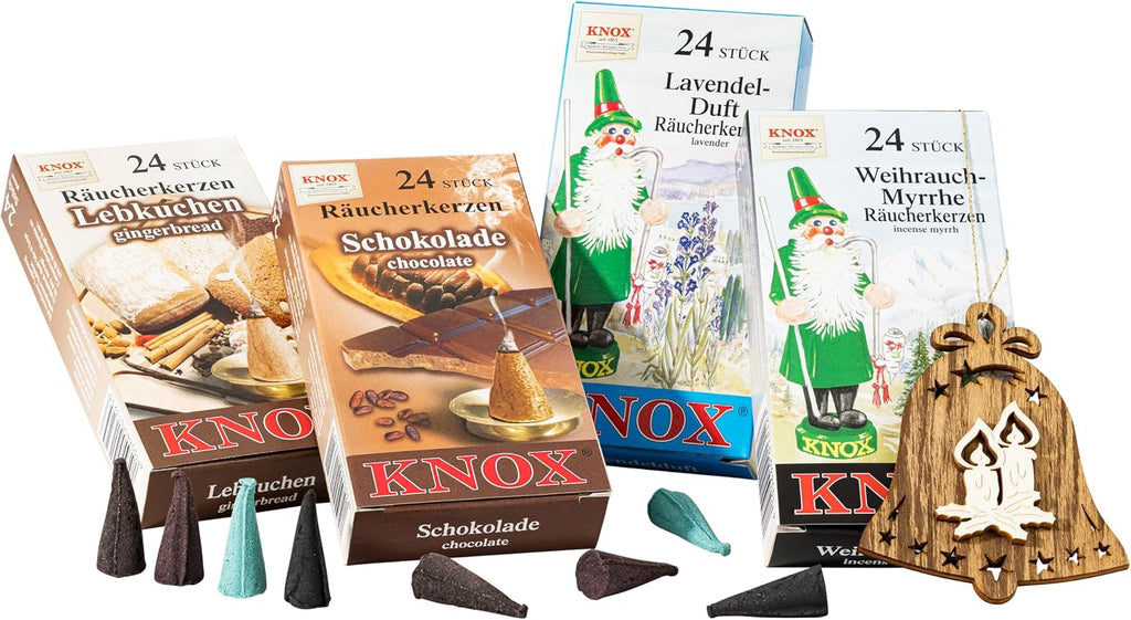 MaMeMi German Incense Cones Holiday Season – Knox 4 Packs (96 Cones) for Smoker Houses & Figurines | Gingerbread, Chocolate & Seasonal Favorites | Gift Set with Wooden Ornament