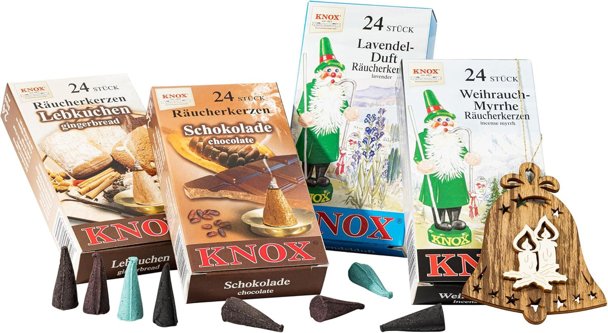 MaMeMi German Incense Cones Holiday Season – Knox 4 Packs (96 Cones) for Smoker Houses & Figurines | Gingerbread, Chocolate & Seasonal Favorites | Gift Set with Wooden Ornament