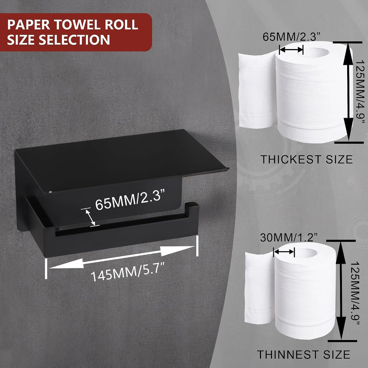 LANC 2 Pack Toilet Paper Holder with Shelf, Toilet Tissue Roll Holder with Phone Shelf for Bathroom Wall Mounted, Toilet Paper Roll Holder Stainless Steel, Matte Black Right Hand A8367MB-P2