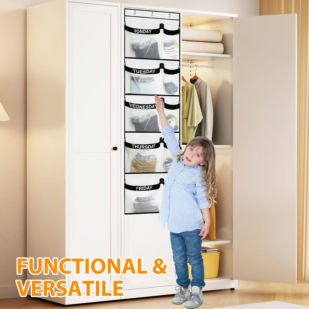 Weekly Kids Clothes Organizer Day of Week School, Over the Door Clothing Storage Organizer from Monday to Friday, Hanging Closet Organizer wtih 3 Metal hooks or Nursery, Bedroom
