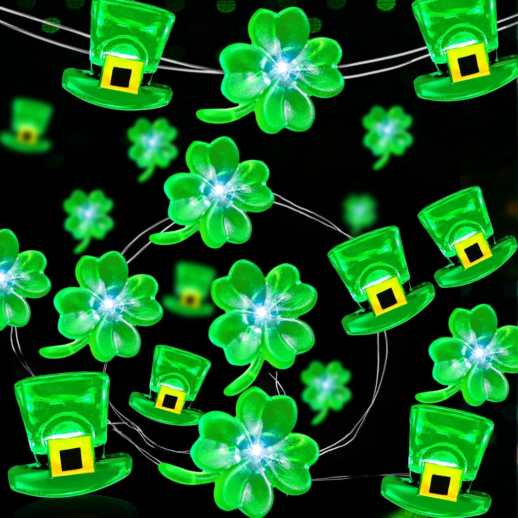 2 Pack St Patricks Day Decorations, Total 20FT 80LED Shamrocks Leprechaun Hat String Lights Timer Waterproof Lucky Clover Green Fairy Lights Battery Operated for St. Patrick's Day Decor Bedroom Party