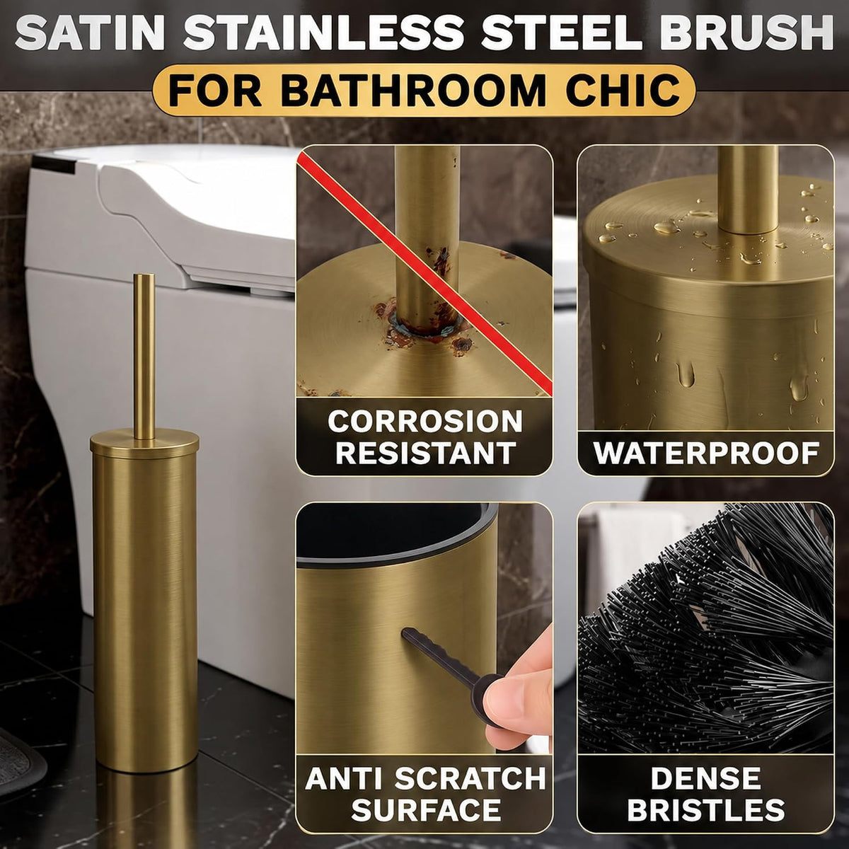 Toilet Bowl Brush and Holder Set, 15.7 in Matte Gold Stainless Steel