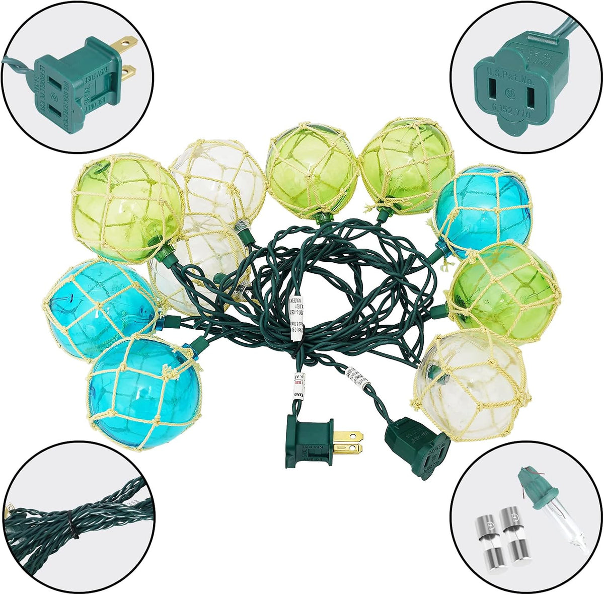 Decorative String Lights, 10 Nautical Fishing Floats, 7.92Ft Green Cord
