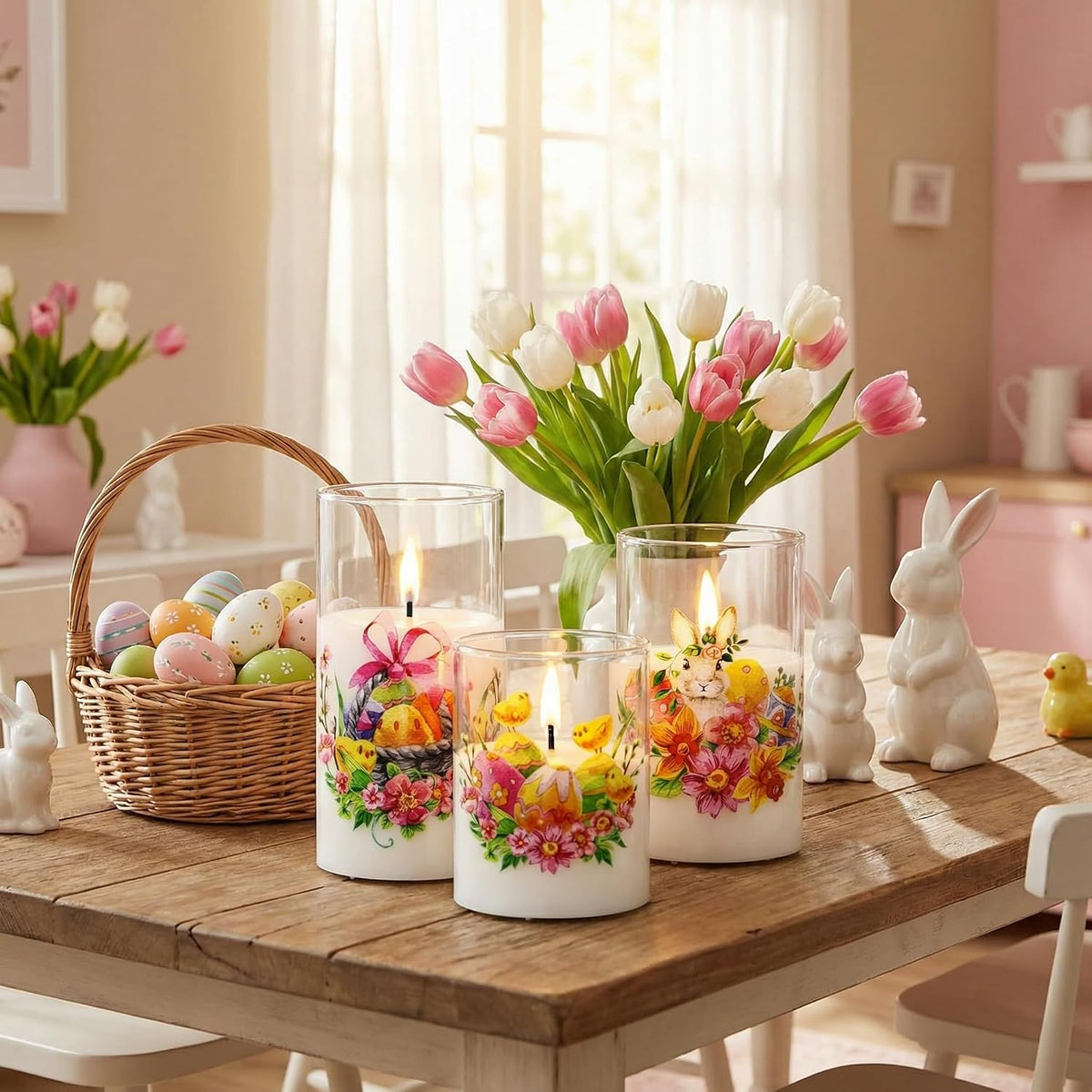 Eywamage Easter Glass Flameless Pillar Candles with Remote Set of 3