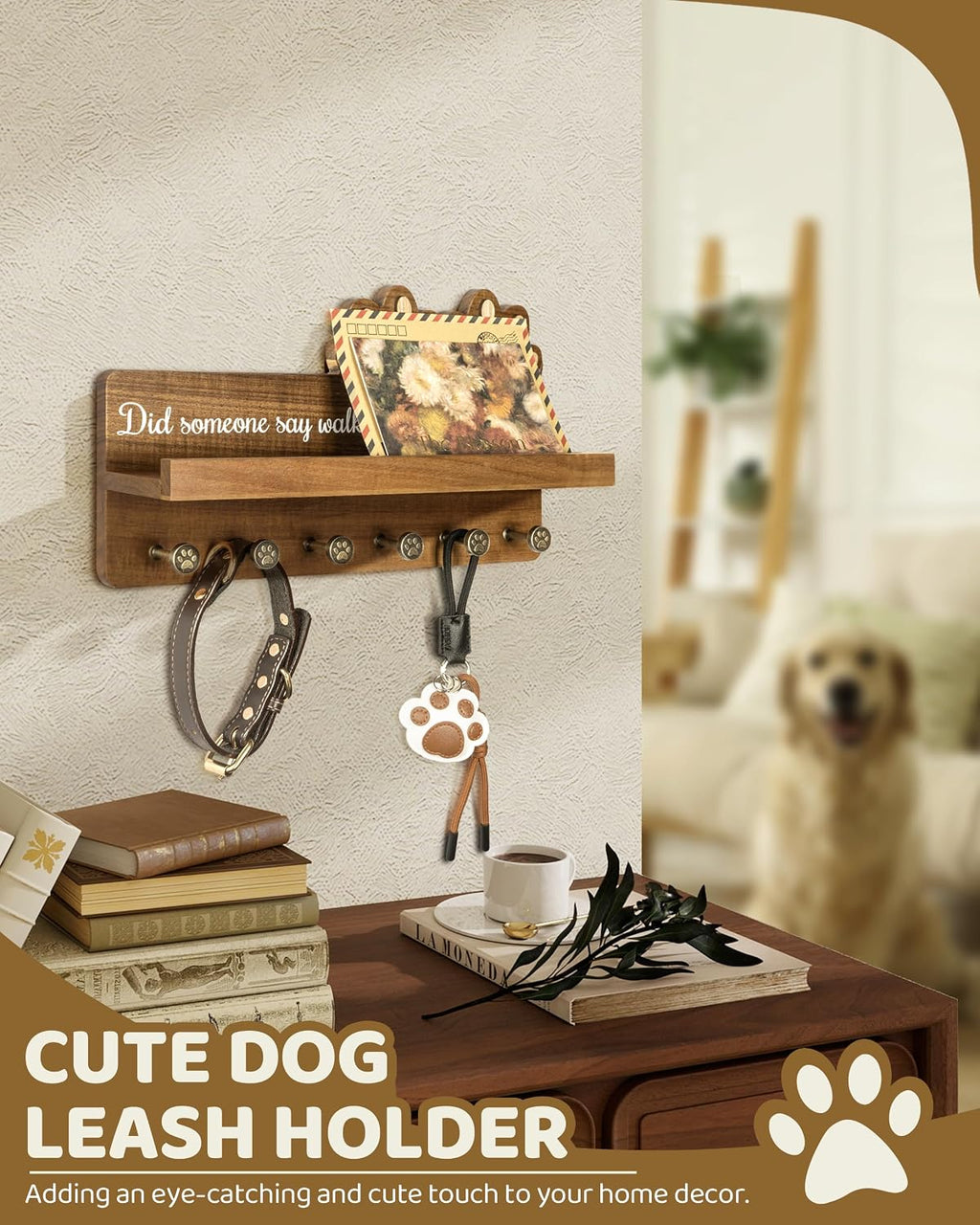 MTERSN Acacia Wood Dog Leash Holder for Wall with Shelf & 6 Hooks, Brown