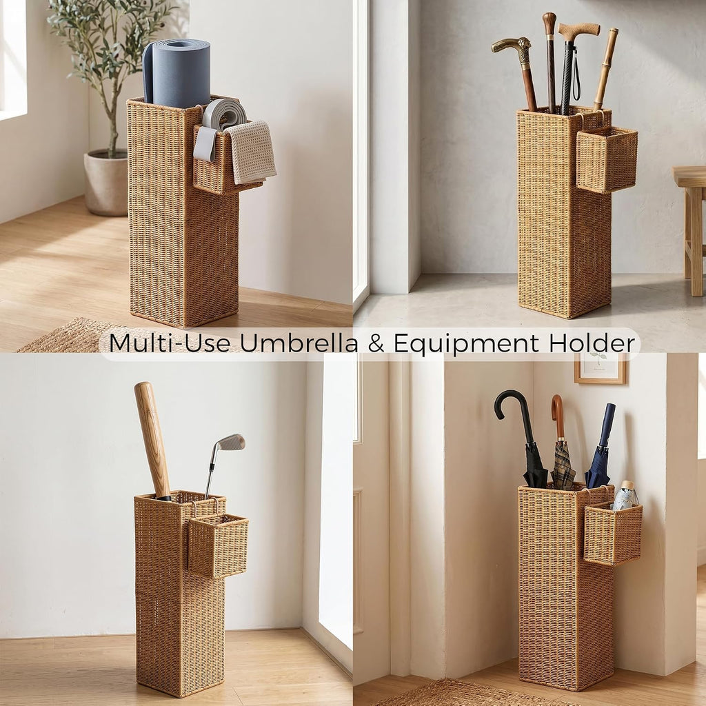Rattan Umbrella Stand with Drip Tray,Umbrella Holder with Small Basket for Entryway, Tall Wicker Basket for Storage, Woven Organizer for Inoor, Outdoor, Home, Office, Hotel