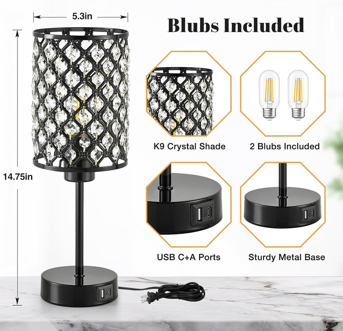 GyroVu Black Crystal Bedside Table Lamps Set of 2 with USB C+A Ports
