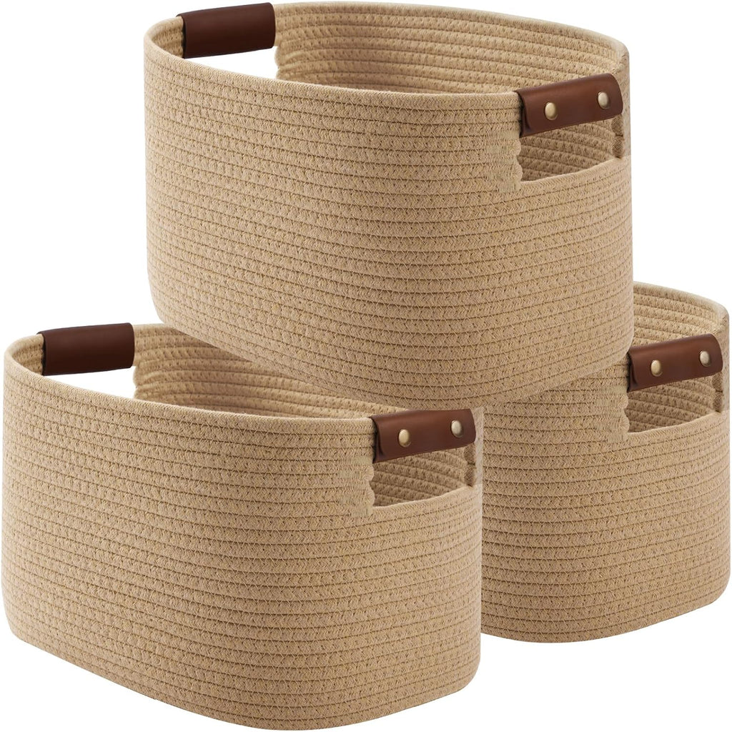 ECDYQXVU 15x10x9 Woven Cotton Rope Storage Basket, Leather Handles 3 Pack