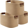 ECDYQXVU 15x10x9 Woven Cotton Rope Storage Basket, Leather Handles 3 Pack