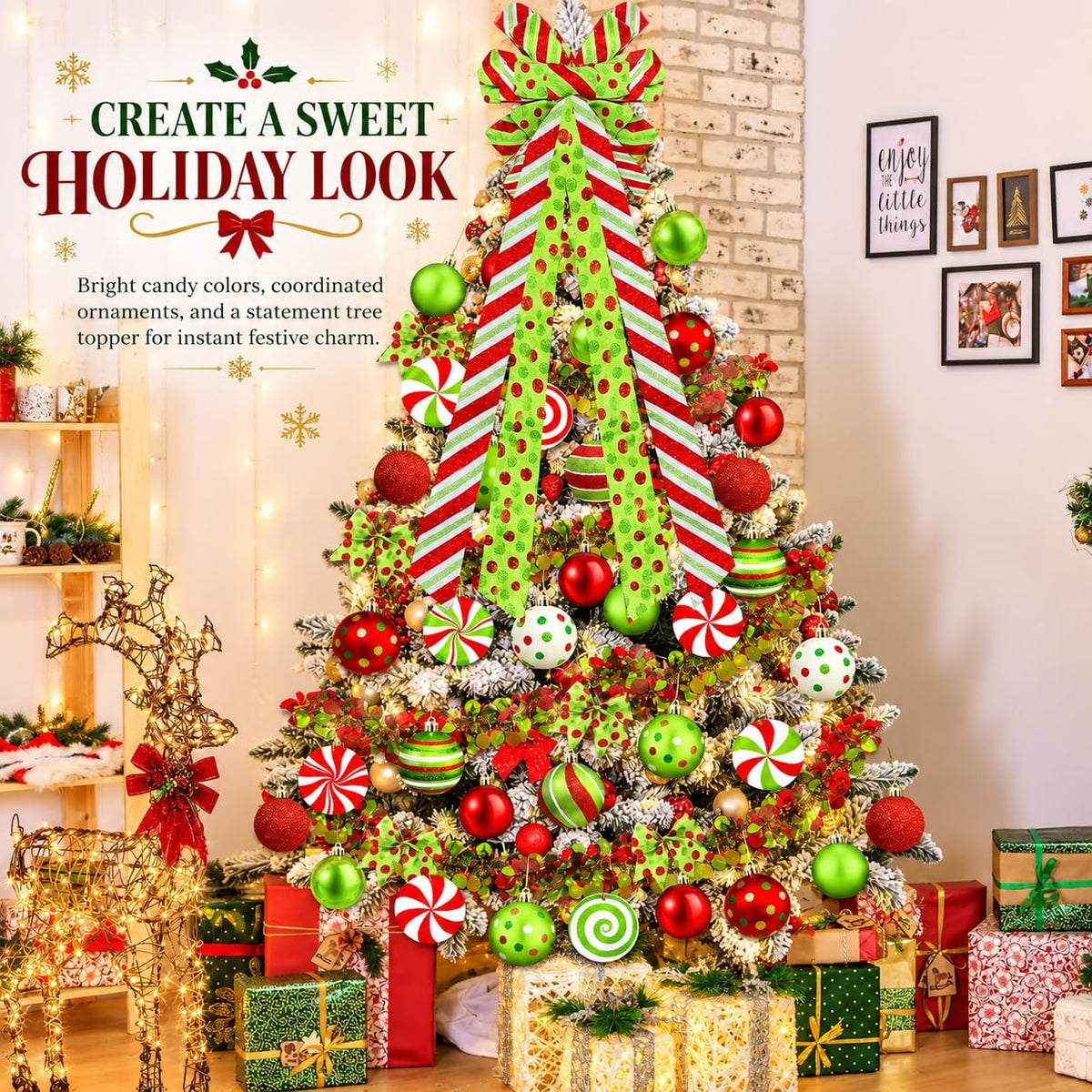 Christmas Tree Decorations Set,Christmas Ball Ornaments Glittering Plastic Hanging Decorations Elf Balls,Large Tree Topper Wreath Bow,Candy Peppermint Wood Ornaments (Red and Lime Green)