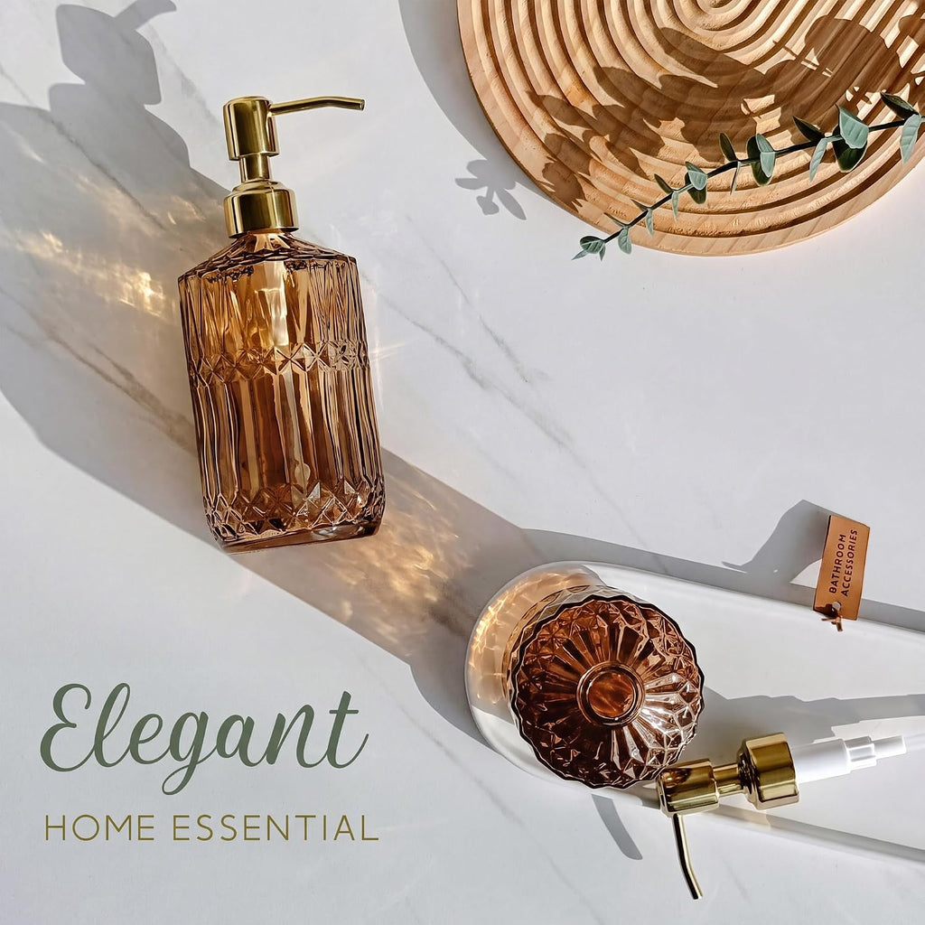 JASAI 18Oz Amber Glass Soap Dispenser with Gold RustProof Pump for Bathroom