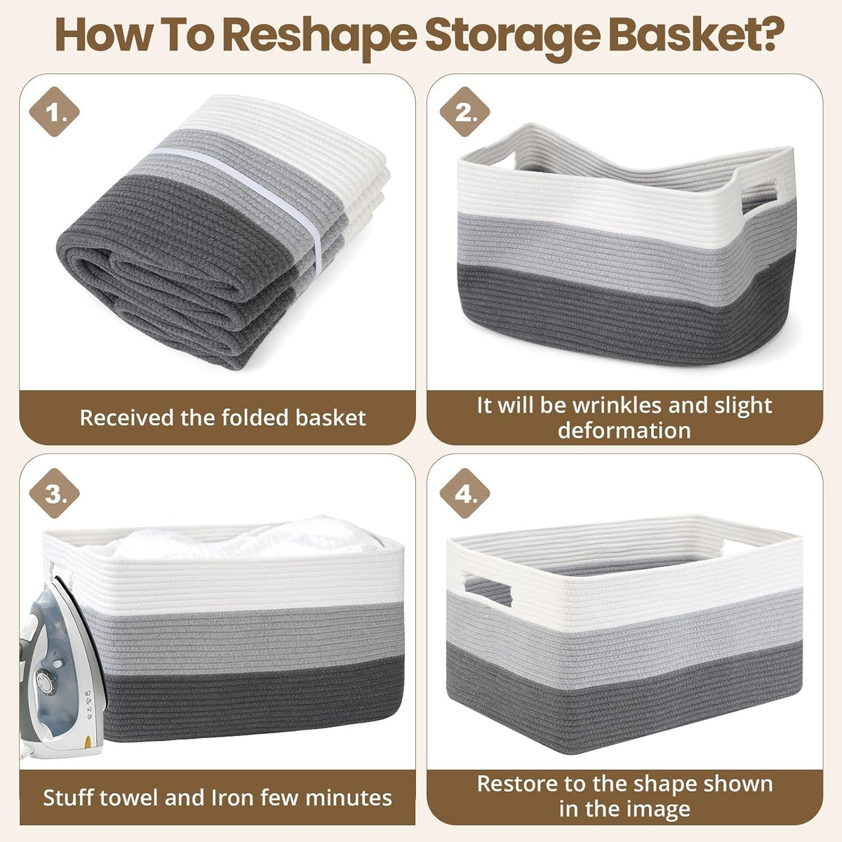 Optish 95L Large Woven Blanket Basket, Storage Basket with Handles, Grey