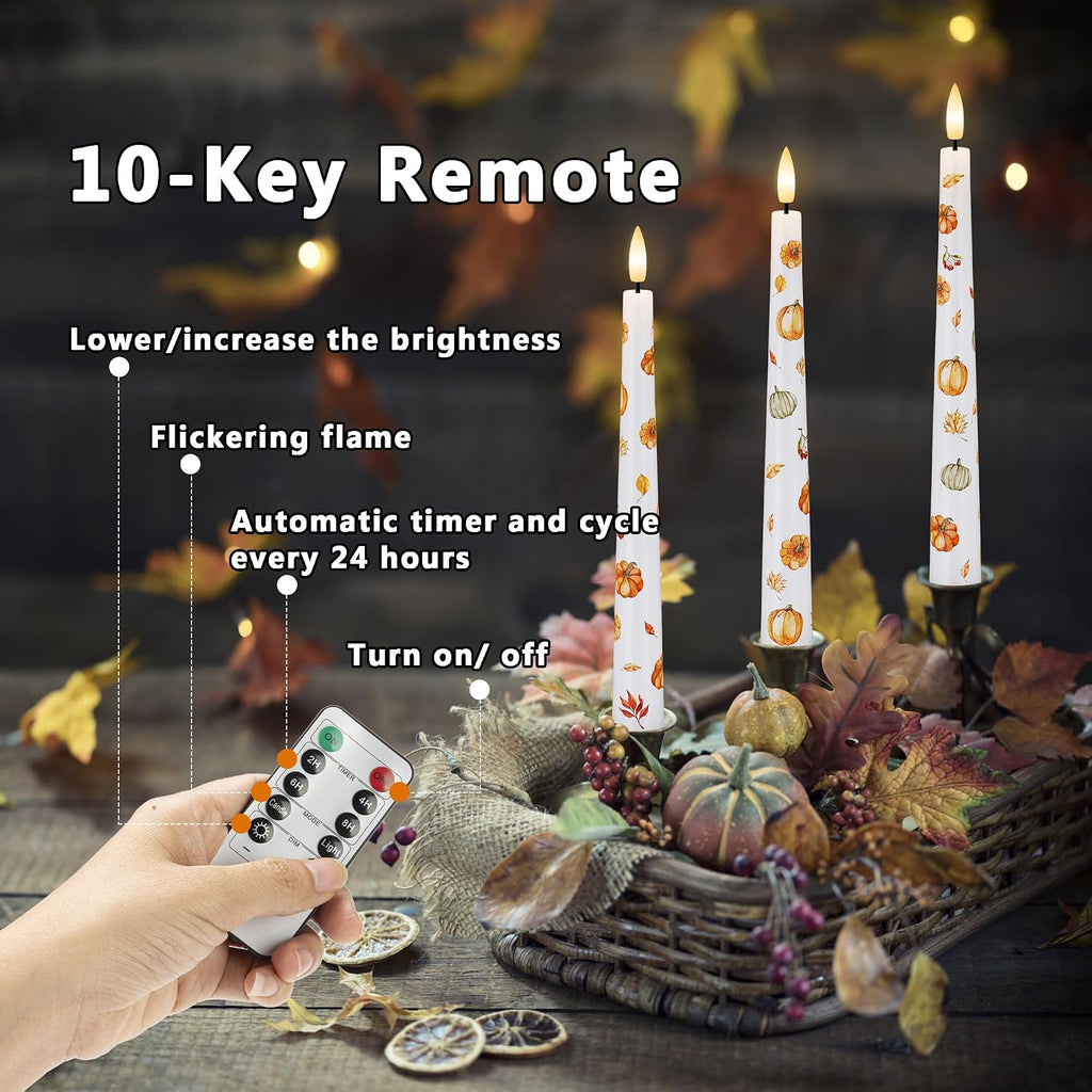 Fall Flameless Taper Candles, Pumpkin & Maple Leaf Battery Operated Candles