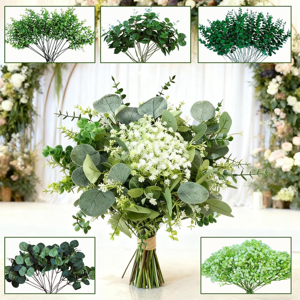 150 Pcs 5 Kinds Artificial Greenery Stems Mixed Artificial Eucalyptus Wedding Bouquet Bulk Fake Eucalyptus Stems Greenery Leaves for Vase Wedding Home Table Decor DIY Bouquets (Green)