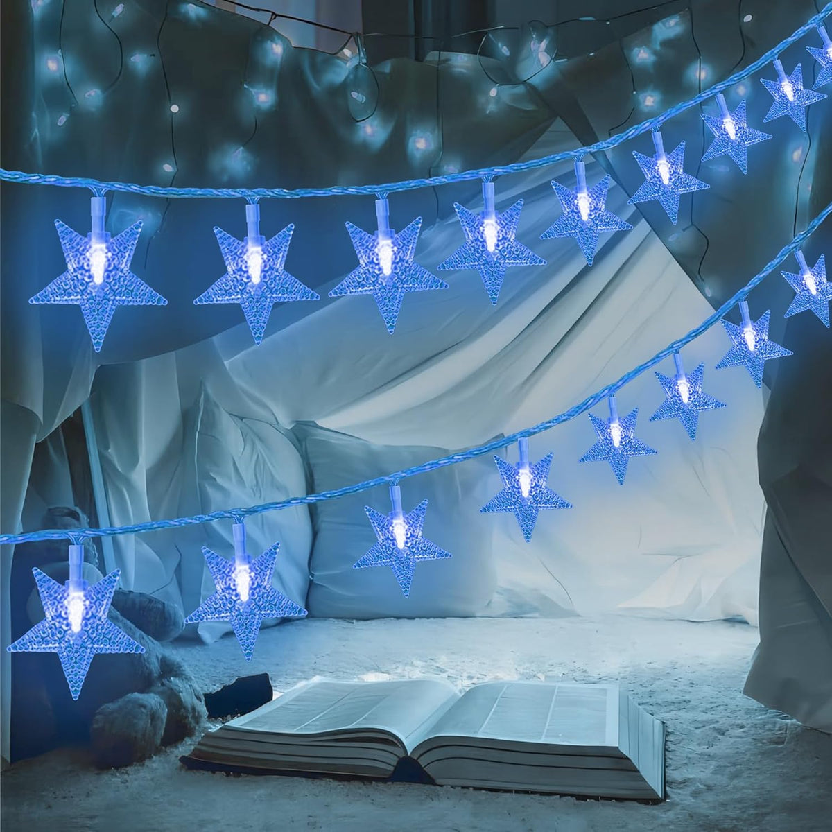 ITICdecor Blue Star String Lights Battery Operated 15 FT 30 LED