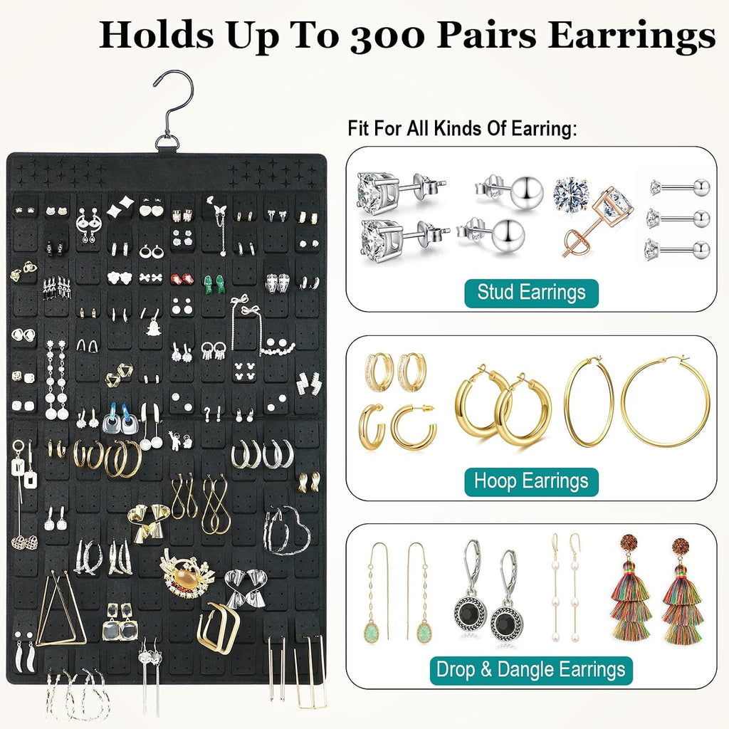 Earring and Necklace Organizer, Dual Sided Hanging Jewelry Organizer with Hanger for Closet,Over Door Large Capacity Holder 300 Earrings+30 Necklaces, Sturdy Felt Material,Gift Ready,1 Pack