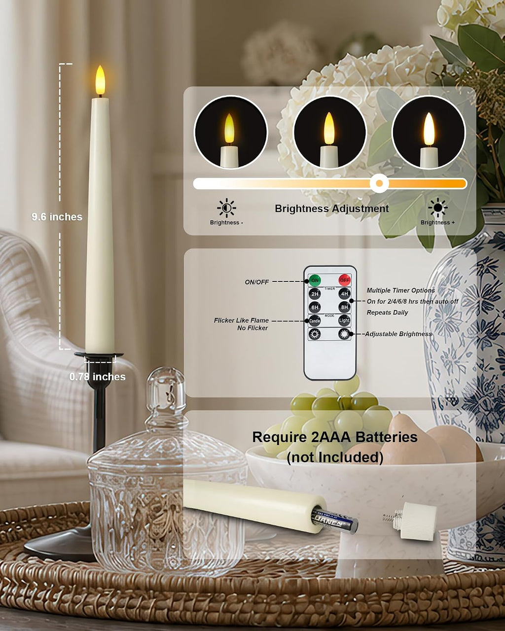 Homemory 9.6 Inches Waxy Flameless Taper Candles with Remote Timer Dimmer, Flickering LED Candlesticks, Battery Operated Window Candle for Christmas Wedding Decor, 6 Pcs Ivory Classic Taper Candles