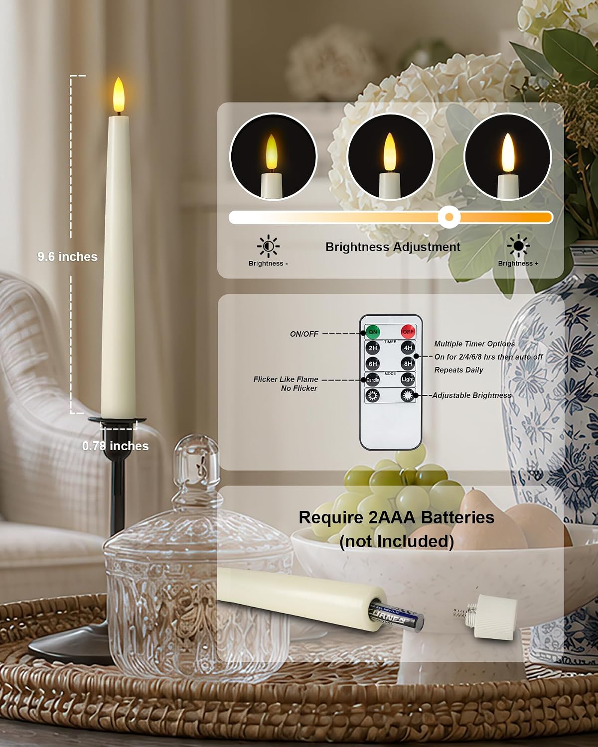 Homemory 9.6 Inches Waxy Flameless Taper Candles with Remote Timer Dimmer, Flickering LED Candlesticks, Battery Operated Window Candle for Christmas Wedding Decor, 6 Pcs Ivory Classic Taper Candles