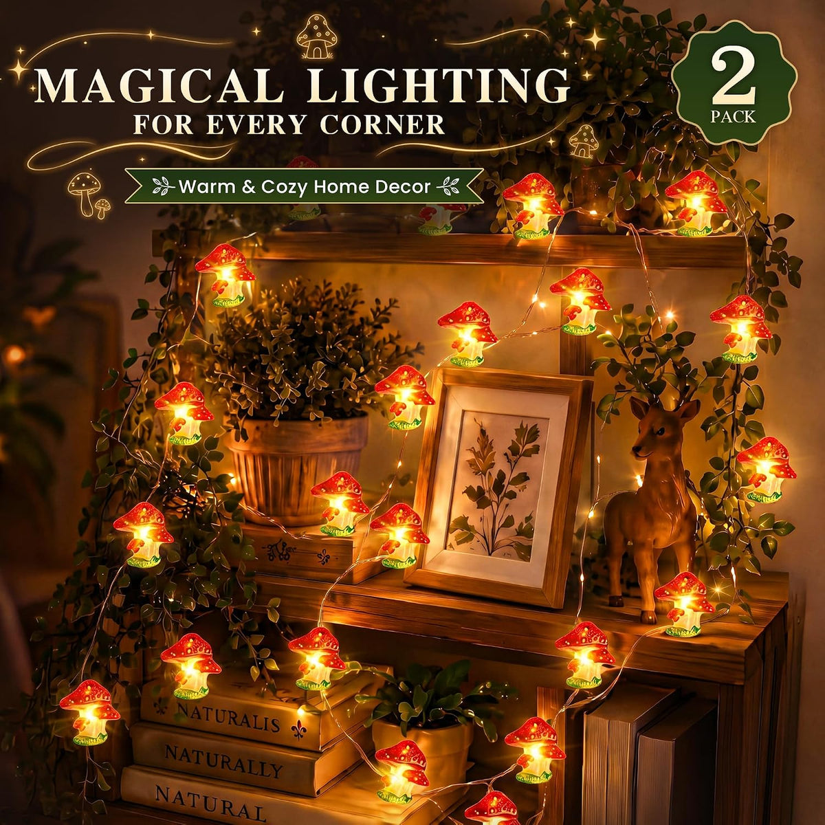 Mudder 2 Pack Mushroom String Lights Cottagecore Decor, 10FT 40LEDs with 8 Modes & Timer, USB & Battery Operated Fairy Lights, Mushroom Decor for Bedroom Dorm, Teens Gift, Christmas Party Decoration