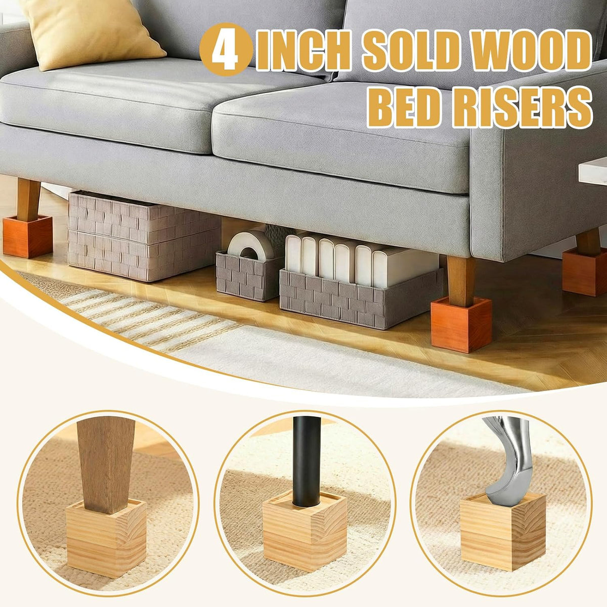4 Pcs 4"solid Wood Bed Furniture Riser Natural Color Couch Lifter