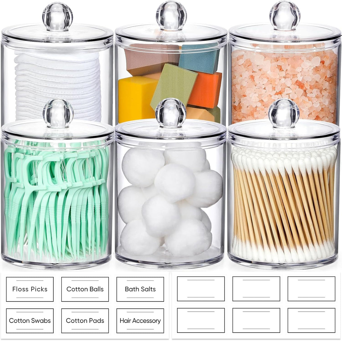 6 Pack Acrylic Qtip Holder Dispenser for Cotton Swabs, Balls, Floss Picks