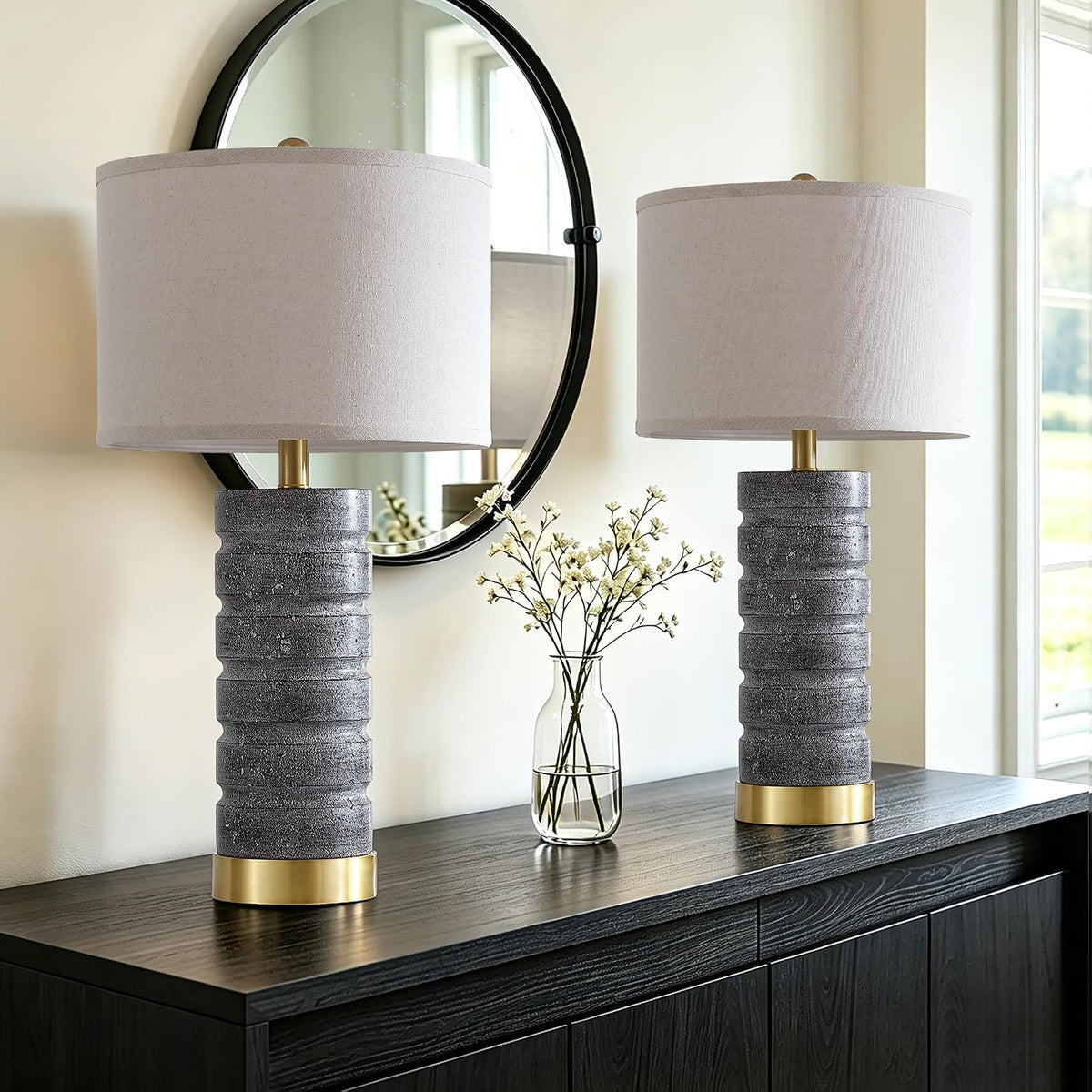AIEAMPDO 26" Travertine Resin Table Lamps for Bedroom Set of 2, Gray
