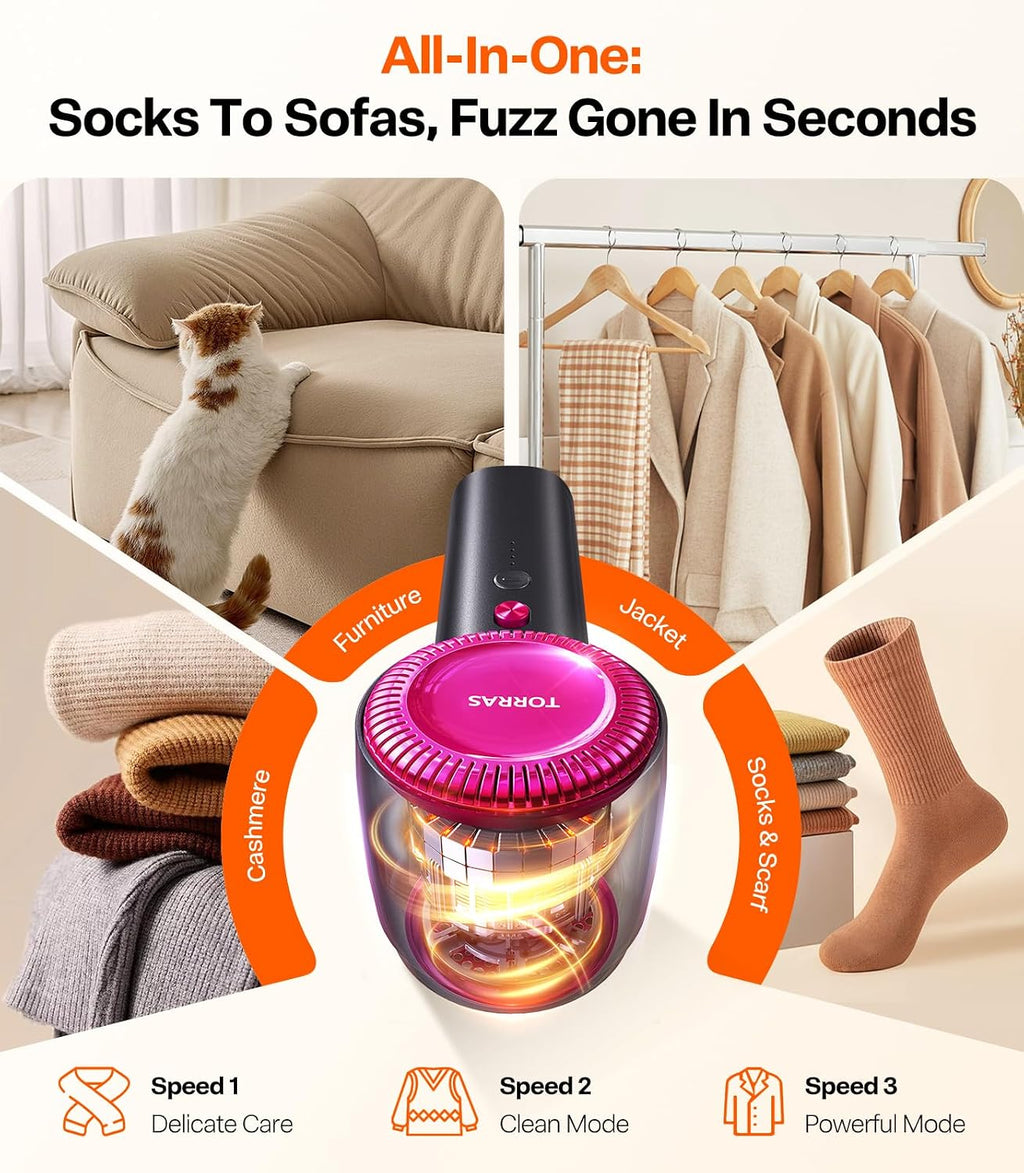TORRAS Rechargeable Fabric Shaver Electric Lint Remover 3-Speed Remove Fuzz, Pilling for Cashmere, Wool, Clothes, Sweater, Coat, Furniture, Clothes depiller with Replacement Blades