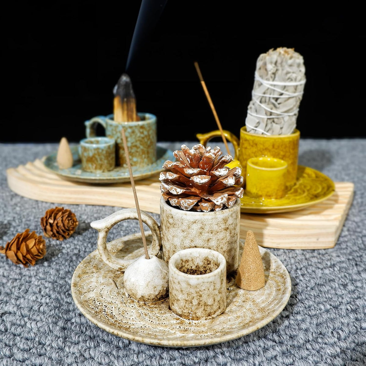 5 in 1 Ceramic Tabletop Incense Burner Holder for Palo Santo , Sage, Cones