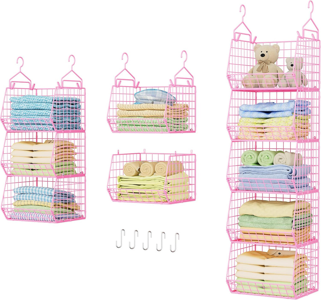 5 Tier Closet Hanging Organizer, Clothes Hanging Shelves with 4 Hanging Hooks 5 S Hooks, Wire Storage Basket Bins, for Clothing Sweaters Shoes Handbags Clutches Accessories Patent Design-Pink