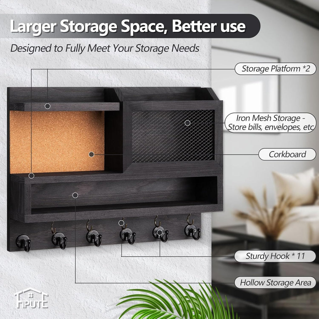 Key Holder for Wall with Mail Organizer,Farmhouse Mail and Key Holder for Wall,Key Hanger with ‌Metal 11 Hooks,Corkboard,and Shelf,Decorative Natural Pine Wood Entryway Organizer,14.6*11.1*3.3”,Black