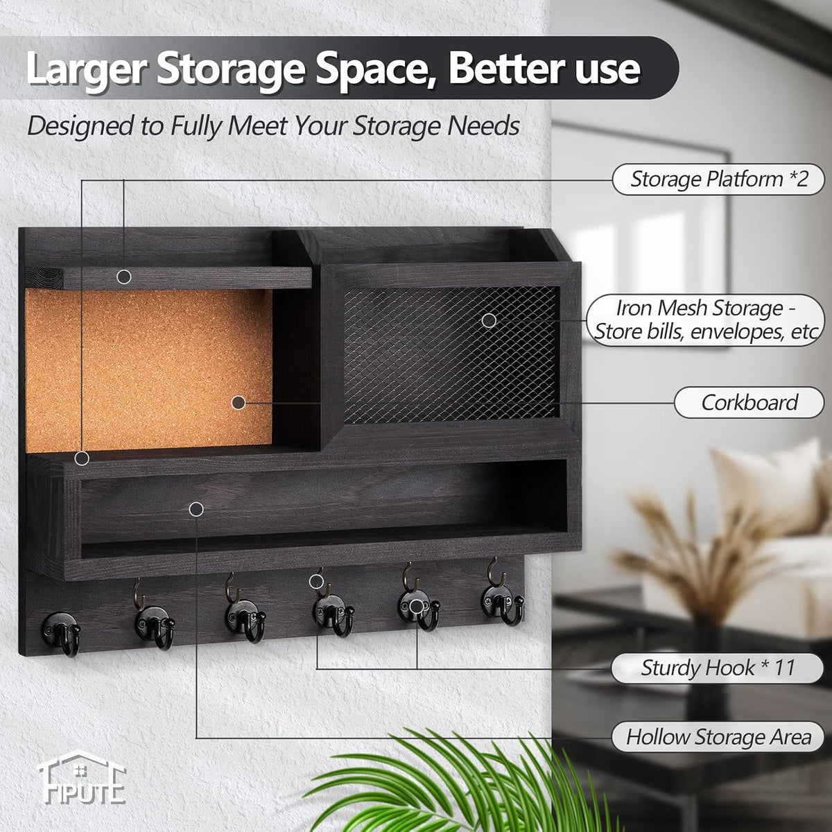Key Holder for Wall with Mail Organizer,Farmhouse Mail and Key Holder for Wall,Key Hanger with ‌Metal 11 Hooks,Corkboard,and Shelf,Decorative Natural Pine Wood Entryway Organizer,14.6*11.1*3.3”,Black