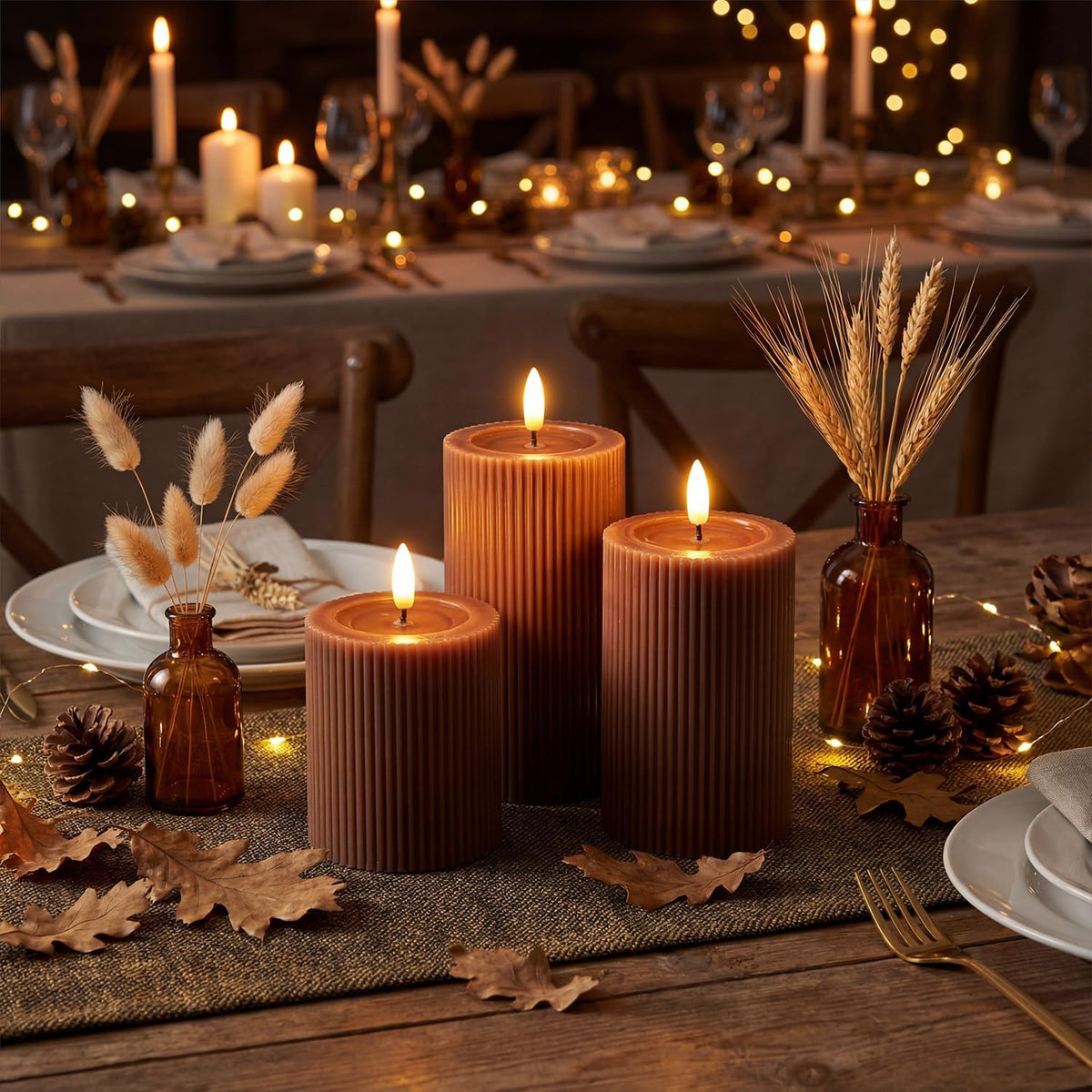 Fluted Ribbed LED Pillar Candles, Brown, with Realistic Reflective Melted-Wax Effect – Flickering Flame, Remote, Dimmable, Flameless, Battery Operated, Home & Wedding Decor (Set of 3)