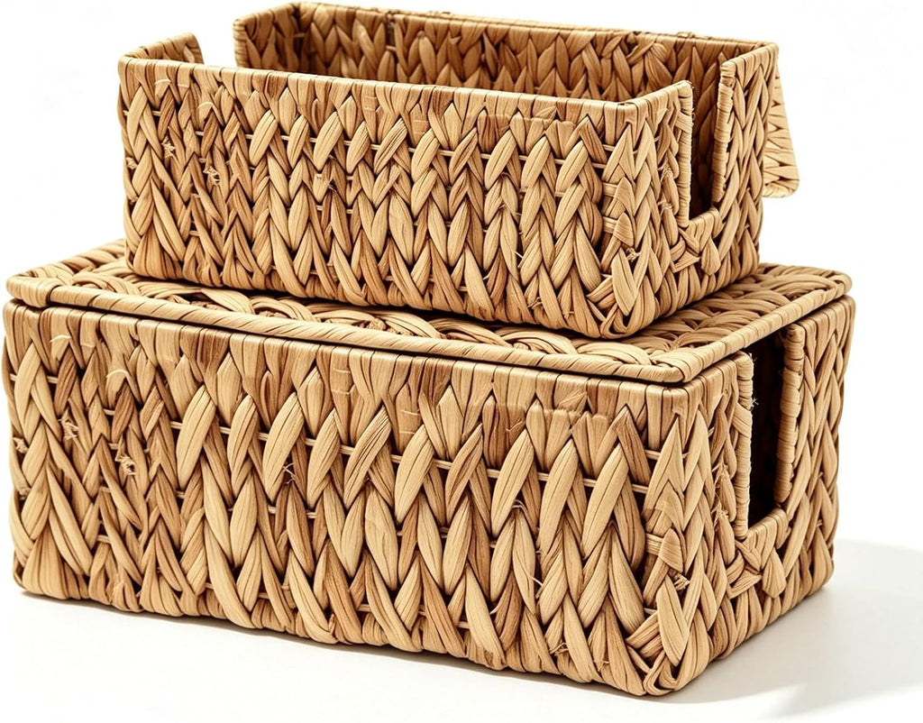 Cable Management Box Set of 2, Cord Organizer for Power Strip | Handwoven Water Hyacinth Storage Basket with Reinforced Metal Frame, Decorative Home Organizer for Desk & Office