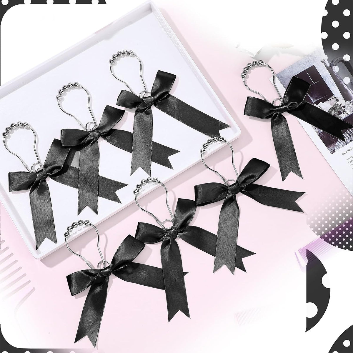 MorningRo 12 Pcs Black Bow Cute Shower Curtain Hooks Bow Knot Ribbon Hooks