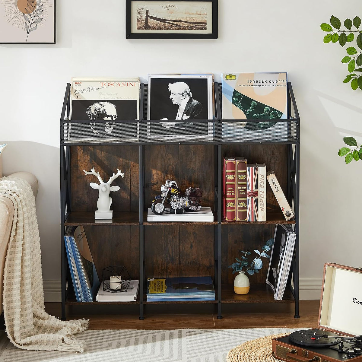 EYOCAL 9 Grids Vinyl Record Storage Holder Rack， Wooden Record Display Table for Magazines Files Albums Books for Living Room Bedroom Patent Pending
