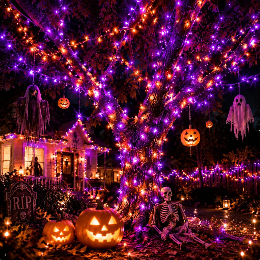 FairyGlim 2PACK Purple&Orange Halloween Lights, 33FT 100 LED Outdoor String Light with Timer & 8 Modes, 3AA Battery Operated Waterproof String Light for Outdoor and Indoor Halloween Decor