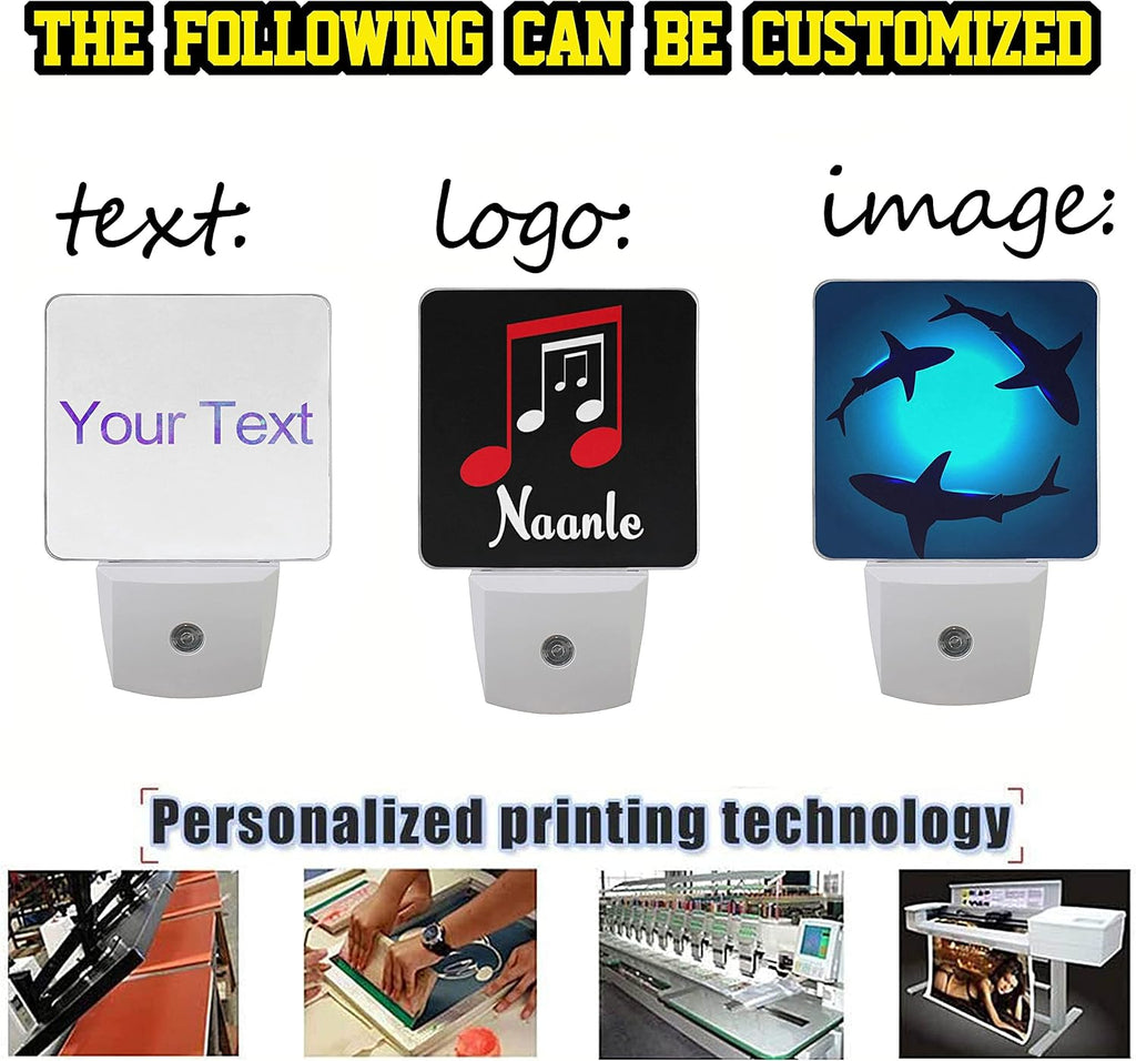 Naanle Set of 2 Custom Personalized Night Light Auto Sensor Led Customize Logo Image Dusk to Dawn Night Light Plug in Indoor Nightlight for Bedroom Bathroom Kitchen Hallway Stairs