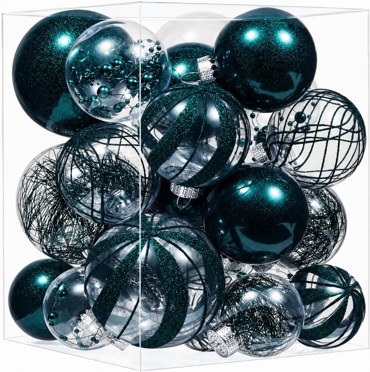 Shatterproof Christmas Ball Ornaments,Clear Plastic Decorative Christmas Balls Hanging Xmas Tree Baubles Set with Stuffed Delicate Glittering Decorations… (Dark Green)