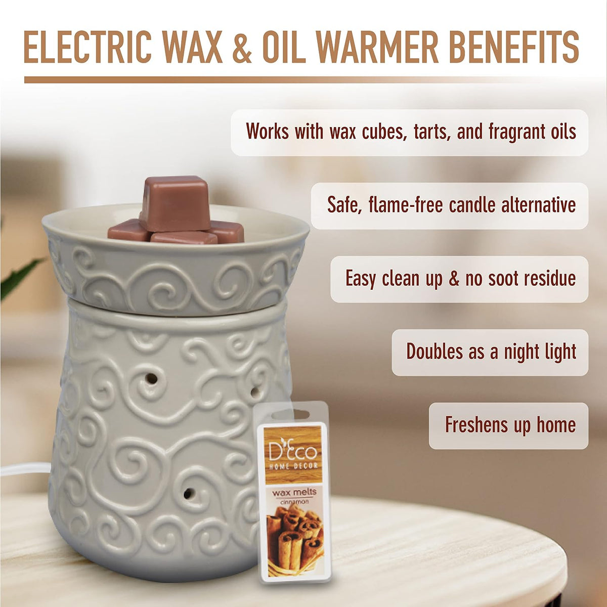 D'Eco Fragrance Wax Melt Warmer - Electric Scented Tart & Candle Warmer w 4 Cinnamon Cubes- Plug-in Halogen Bulb Melts Cubes & Fills Room w Fresh Scents & Night Light Glow- Holiday Xmas Must Have Gift