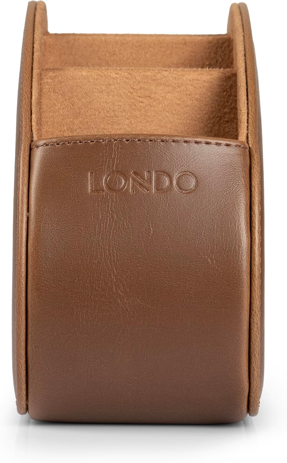 Londo PU Vegan Leather Remote Control Holder with 5 Pockets, Nightstand Caddy & Bedside Organizer for TV, DVD, Blu-Ray, Roku, Apple TV Remotes, Phones, Glasses — Suede Lined Gift for Dad, Light Brown